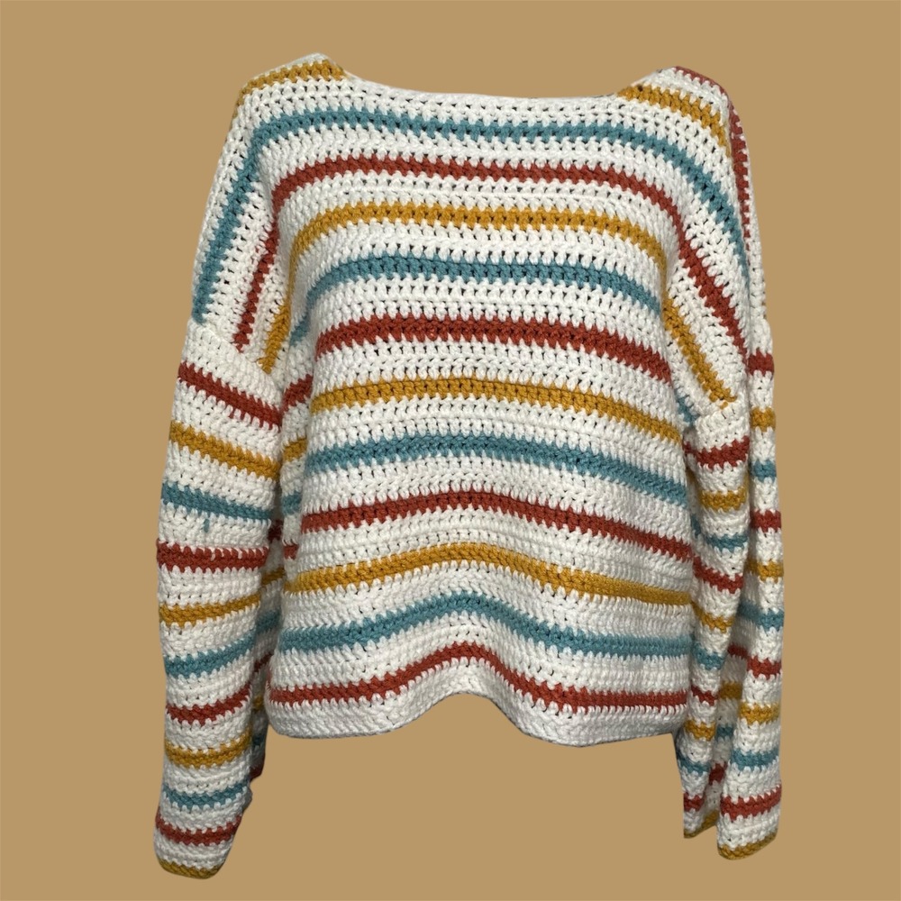 Womens Crochet Striped Sweater Multi Color Boho Knit Boat Neck Relaxed FitL/XL